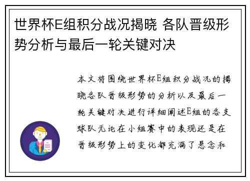 世界杯E组积分战况揭晓 各队晋级形势分析与最后一轮关键对决